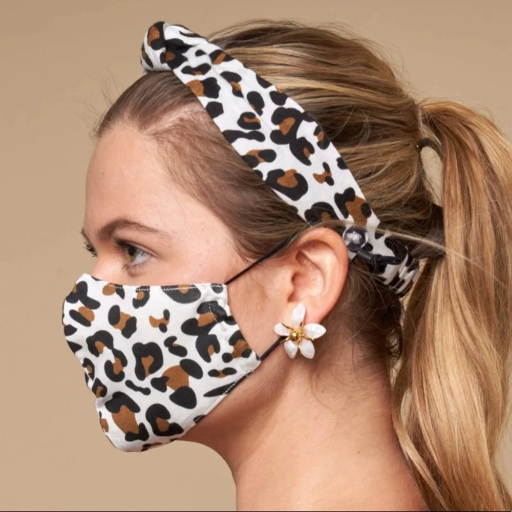 LELE SADOUGHI NWT AUTHENTIC IVORY LEOPARD COTTON BLEND FACE MASK & HEADB…